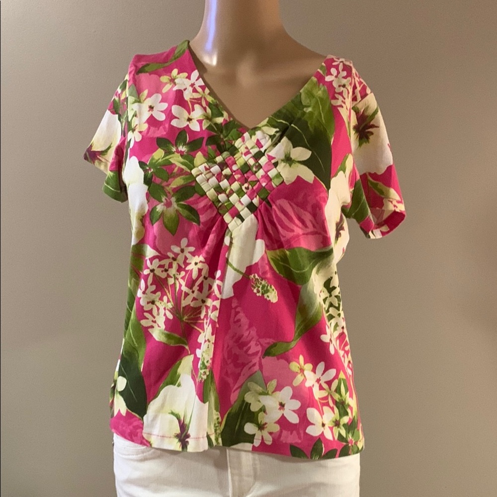 Caribbean Joe Pink and Green Top small petite short sleeve tee large